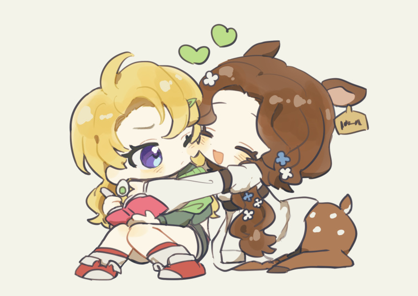 2girls animal_ears arm_belt blonde_hair blonney blue_eyes blush book brown_hair centauroid cheek-to-cheek chibi closed_eyes closed_mouth coat commentary_request deer_ears deer_tail ear_tag earrings flower full_body green_jacket hair_flower hair_ornament hair_over_shoulder hairclip happy heads_together heart highres holding holding_book holding_pen hug jacket jessica_(reverse:1999) jewelry long_hair long_sleeves looking_at_another multiple_girls one_eye_closed open_mouth parted_bangs pen red_footwear reverse:1999 shoes short_shorts shorts sidelocks simple_background sitting smile tail taur umimiminn white_background white_coat white_flower yuri