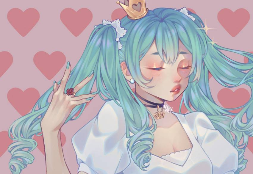1girl absurdres aqua_hair aqua_nails black_choker breasts choker cleavage closed_eyes commentary crown derivative_work drill_hair earrings green_hair hatsune_miku heart heart_background highres jewelry maty_(sesamii.seed) medium_breasts mini_crown parted_lips portrait puffy_short_sleeves puffy_sleeves quad_drills ring screencap_redraw short_sleeves signature solo twintails vocaloid world_is_mine_(vocaloid)