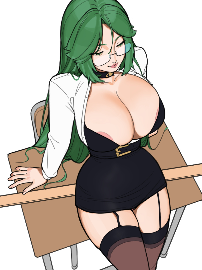 1girl absurdres areola_slip belt bespectacled black_belt black_bra black_choker black_garter_straps black_skirt bra breasts brown_thighhighs cardigan choker cleavage english_commentary flat_color garter_straps glasses green_eyes green_hair high-waist_skirt highres huge_breasts kid_icarus lips long_hair mariezone open_cardigan open_clothes palutena revealing_clothes semi-rimless_eyewear skirt solo super_smash_bros. teacher thighhighs under-rim_eyewear underwear unfinished very_long_hair white_cardigan zettai_ryouiki