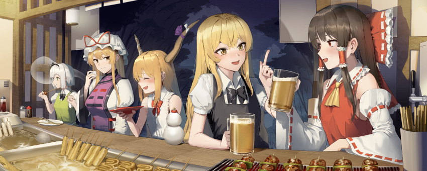 5girls ^_^ absurdres alcohol architecture beer beer_mug black_hair blonde_hair blush bow breasts choko_(cup) closed_eyes commentary cup detached_sleeves east_asian_architecture eating flat_chest food frilled_bow frilled_hair_tubes frills goback gourd green_vest grey_hair hair_bow hair_tubes hakurei_reimu hat highres holding holding_cup horns ibuki_suika japanese_clothes kirisame_marisa konpaku_youmu konpaku_youmu_(ghost) large_breasts looking_at_another miko mob_cap mug multiple_girls oden oni oni_horns purple_tabard restaurant sakazuki shirt sideways_glance sleeveless sleeveless_shirt small_breasts smile tabard touhou vest white_shirt yakitori yakumo_yukari