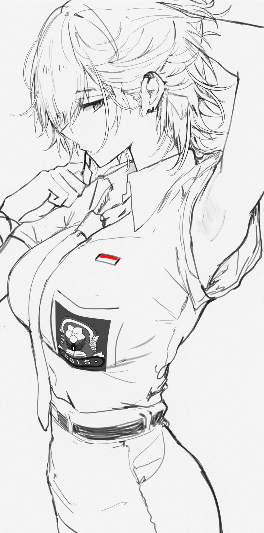 1girl absurdres armpits belt breasts collared_shirt ear_piercing hair_tie_in_mouth hand_up highres indonesian_flag indonesian_high_school_uniform large_breasts looking_at_viewer mole mole_under_mouth monochrome mouth_hold necktie original piercing school_uniform shirt short_hair short_sleeves sketch skirt solo upper_body vloodozer