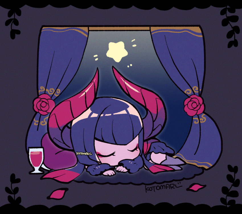 1girl alcohol black_hair blunt_bangs chibi closed_eyes cup curtains demon_horns drinking_glass eliza_(tekken) eyeliner flower grey_footwear horns kotorai long_sleeves makeup petals red_eyeliner red_flower red_horns red_rose rose signature sleeping solo star_(symbol) tekken wine wine_glass