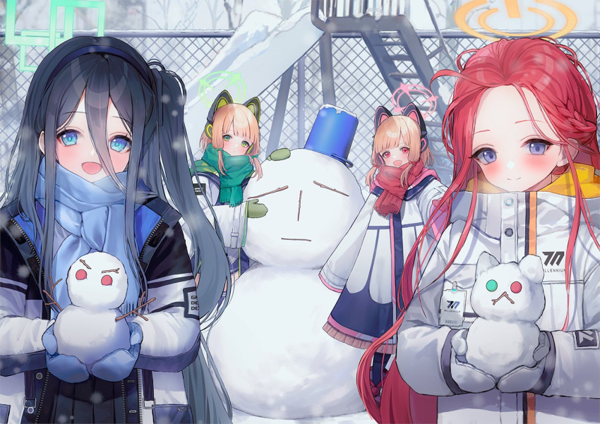 4girls animal_ears aris_(blue_archive) black_hair black_skirt blonde_hair blue_archive blue_eyes blue_gloves blush braid braided_bangs cat_ears chain-link_fence closed_mouth commentary double-parted_bangs fake_animal_ears fence forehead game_development_department_(blue_archive) gloves green_eyes green_gloves green_halo green_scarf hair_between_eyes halo hanato_(seonoaiko) holding_snowman jacket long_bangs long_hair looking_at_viewer midori_(blue_archive) momoi_(blue_archive) multiple_girls one_side_up open_clothes open_jacket open_mouth outdoors parted_bangs pink_halo playground pleated_skirt purple_eyes red_eyes red_hair red_scarf scarf short_hair skirt sleeves_past_fingers sleeves_past_wrists slide smile snow snowing snowman white_gloves white_jacket winter_clothes yellow_halo yuzu_(blue_archive)