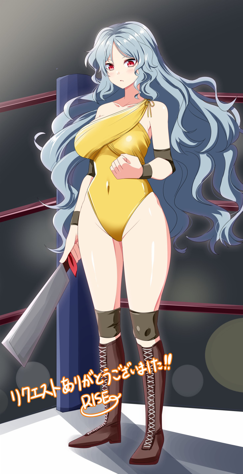 1girl absurdres adapted_costume blush breasts cleaver elbow_pads highres knee_pads large_breasts leotard long_hair red_eyes rise_(rise19851203) sakata_nemuno smile solo touhou very_long_hair wavy_hair wrestling_boots wrestling_outfit wrestling_ring yellow_leotard