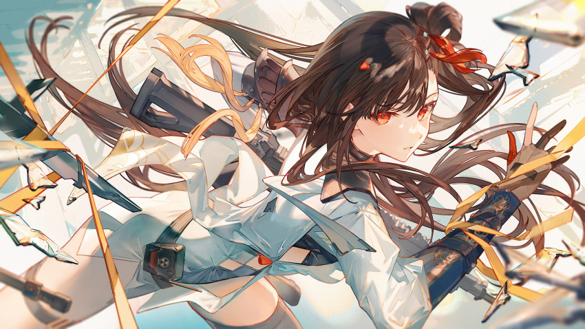1girl armor brown_hair chinese_clothes floating_hair girls'_frontline girls'_frontline_2:_exilium glass_shards gun hair_ornament highres long_hair looking_at_viewer orange_eyes parted_lips qbz-191 qbz-191_(girls'_frontline) rifle satsuya shoulder_armor solo weapon