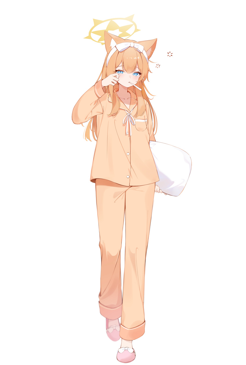 1girl absurdres alternate_costume animal_ear_fluff animal_ears aoitsuki blue_archive blue_eyes bow bow_hairband fox_ears full_body hair_between_eyes hairband halo highres holding holding_pillow long_hair mari_(blue_archive) orange_hair orange_pajamas orange_pants orange_shirt pajamas pants pillow pink_footwear shirt simple_background slippers solo toothbrush_in_mouth white_background white_bow white_hairband yellow_halo