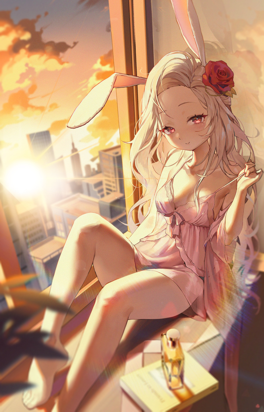 1girl absurdres animal_ears babydoll bare_shoulders barefoot blonde_hair blush bodiedwile breasts closed_mouth cloud commission flower foot_out_of_frame hair_flower hair_ornament highres indoors long_hair mole mole_under_eye orange_sky original pink_babydoll pink_eyes rabbit_ears red_flower red_rose rose sitting sky small_breasts smile solo spaghetti_strap strap_pull sun sunset wavy_hair