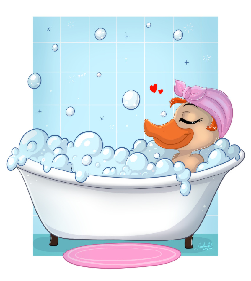 anatid anseriform anthro avian bandanna bandanna_only bathing bathroom bathtub bird bubble carpet child darkwing_duck disney duck female gosalyn_mallard gosalyn_waddlemeyer hi_res kerchief kerchief_only lunula_(artist) mostly_nude nude pink_bandanna pink_kerchief relaxed_expression relaxing solo wholesome young