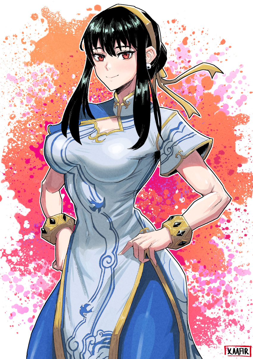 1girl absurdres black_hair bracelet breasts capcom chinese_clothes chun-li chun-li_(cosplay) cosplay dress earrings hairband highres jewelry large_breasts long_hair looking_at_viewer pants pelvic_curtain puffy_short_sleeves puffy_sleeves red_eyes short_sleeves sidelocks smile solo spy_x_family street_fighter street_fighter_6 thighs xaafir yor_briar