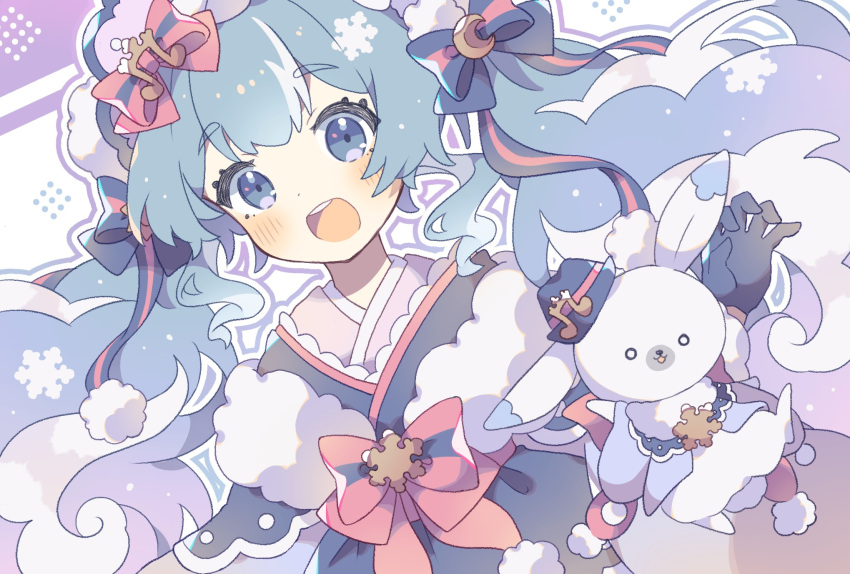 1girl :d blue_gloves fur-trimmed_kimono fur_trim gloves glowing_snowflake hair_ornament hatsune_miku headdress highres japanese_clothes kimono komano_shia musical_note musical_note_hair_ornament rabbit smile snowflake_ornament upper_body vocaloid yuki_miku yuki_miku_(2023)