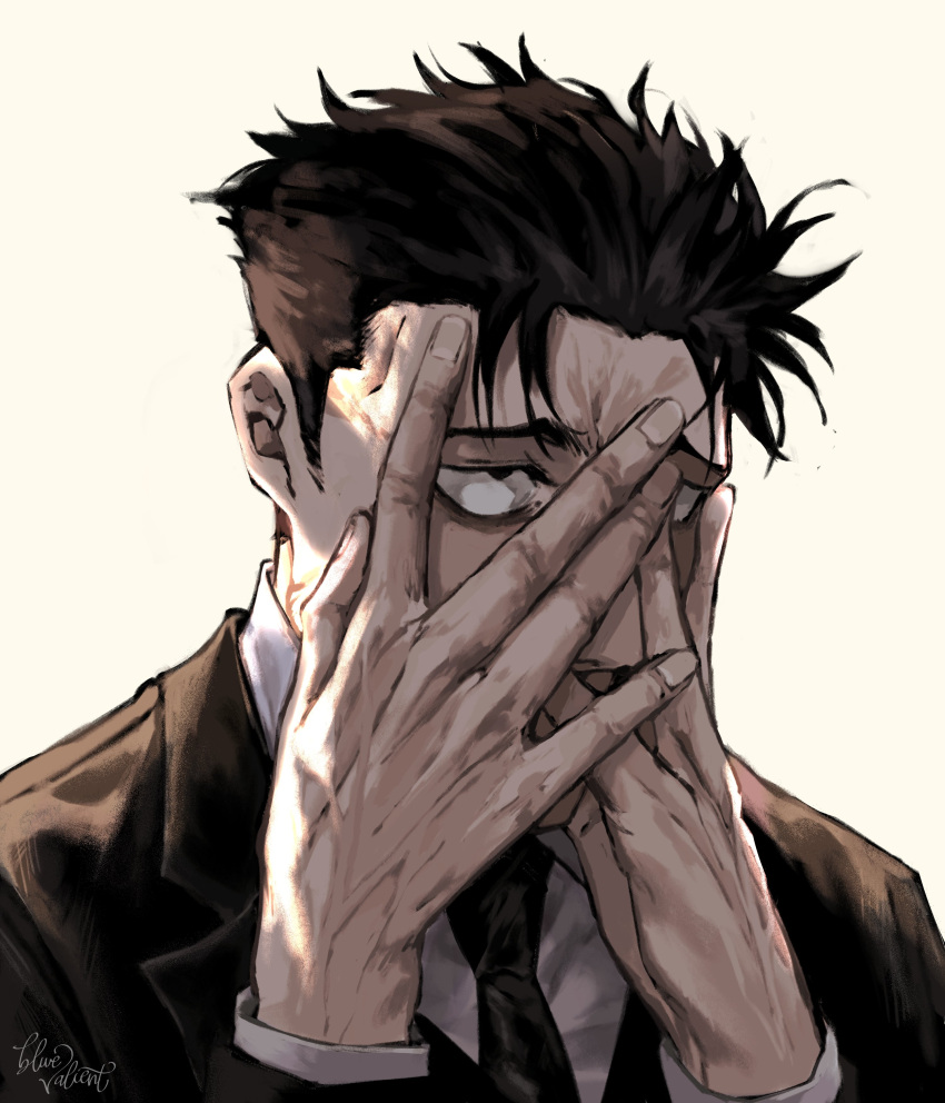 1boy 2022 absurdres artist_name black_hair black_necktie black_suit bluevalient covering_face dress_shirt hand_on_own_face highres higuruma_hiromi jujutsu_kaisen necktie scared shirt suit veins white_shirt