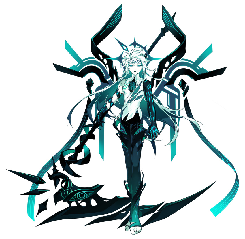 1boy ainchase_ishmael apostasia_(elsword) aqua_eyes aqua_pupils black_pants black_sclera black_skin black_wings body_markings colored_inner_hair colored_sclera colored_skin compass_rose_halo cracked_skin dark_halo dark_persona diamond-shaped_pupils diamond_(shape) elsword energy_wings expressionless eye_symbol facial_tattoo full_body green_hair hair_slicked_back halo halo_behind_head highres holding holding_scythe hole_in_chest hole_on_body hollow_body long_hair looking_at_viewer male_focus multicolored_hair multicolored_skin multiple_wings official_art outstretched_arm pants parted_lips ringed_eyes scythe shirt sleeveless sleeveless_shirt solo spikes standing straight-on symbol-shaped_pupils tattoo third-party_source toeless_legwear transparent_background white_hair white_shirt white_skin wings