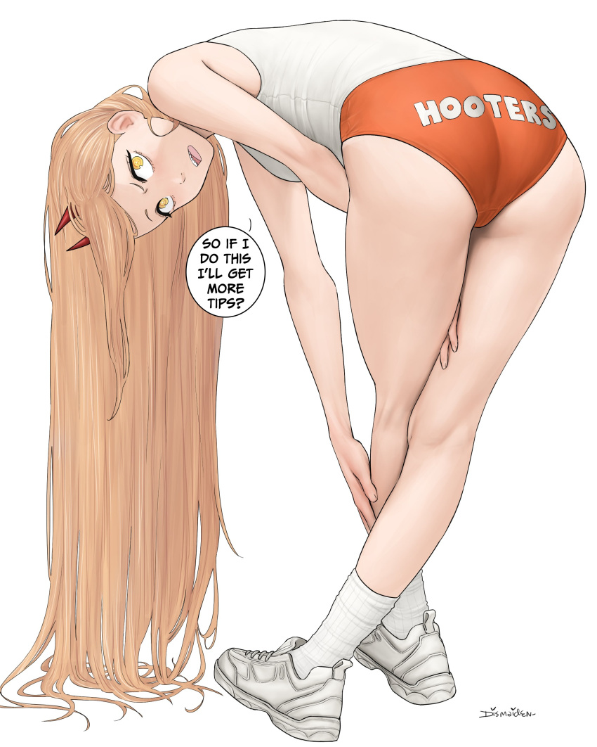 1girl absurdres ass bent_over between_legs blonde_hair chainsaw_man cross-shaped_pupils crossed_legs demon_girl demon_horns dismaiden english_text from_behind hand_between_legs highres hooters horns leaning_forward long_hair looking_at_viewer looking_back orange_shorts power_(chainsaw_man) red_horns ringed_eyes sharp_teeth shoes short_shorts shorts sneakers socks speech_bubble symbol-shaped_pupils tank_top teeth white_socks
