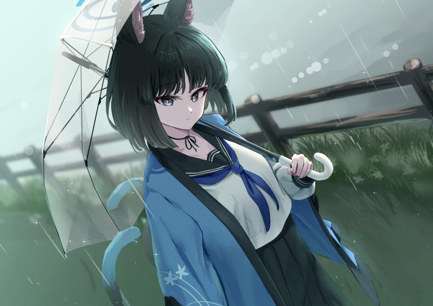 1girl absurdres animal_ear_fluff animal_ears black_choker black_eyes black_hair black_sailor_collar black_skirt blue_archive blue_jacket cat_ears cat_tail choker fence grass highres holding holding_umbrella jacket kikyou_(blue_archive) looking_at_viewer multiple_tails ribbon_choker sailor_collar shirt short_hair skirt solo tail two_tails umbrella white_shirt wooden_fence yakishio