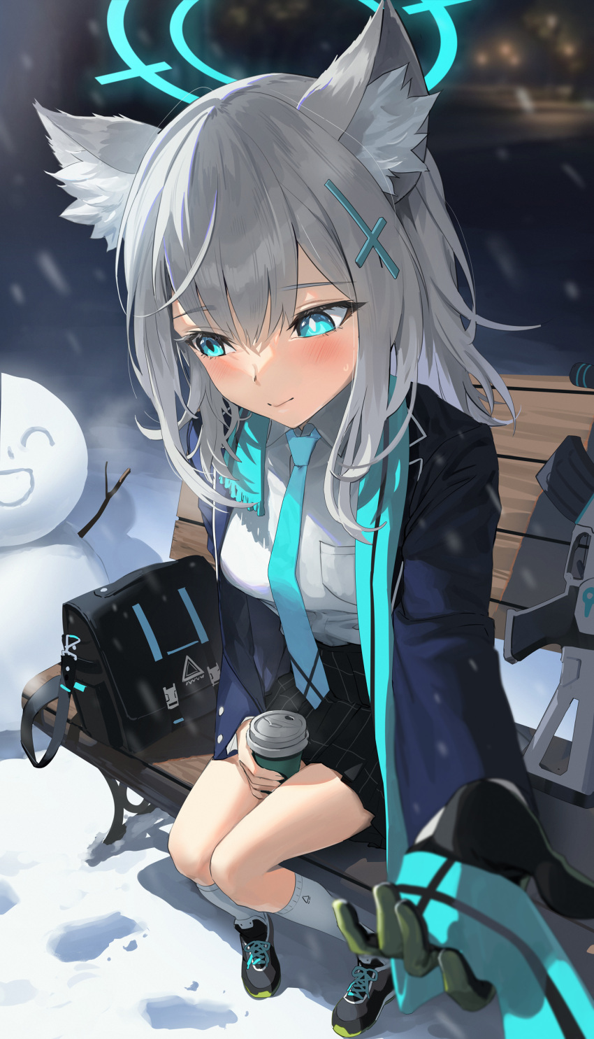 1girl absurdres animal_ear_fluff animal_ears bad_perspective bench black_skirt blue_archive blue_eyes blue_jacket blue_scarf blush breasts cross_hair_ornament extra_ears gloves green_gloves grey_hair gun hair_ornament halo highres jacket kneehighs long_sleeves looking_to_the_side medium_breasts medium_hair mhk_(mechamania) open_clothes open_jacket plaid plaid_skirt pleated_skirt scarf shiroko_(blue_archive) shirt shoes sidelocks skirt sneakers snow snowman socks solo variant_set weapon white_shirt wolf_ears