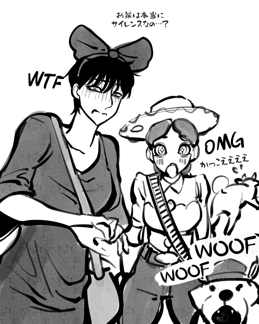 2girls :o ayaki_d bag bandolier belt_buckle bow breasts buckle commentary_request cosplay cowboy_hat dog dress fangs frown greyscale hair_bow hairband hat highres holding holding_bag jessie_the_yodeling_cowgirl jessie_the_yodeling_cowgirl_(cosplay) kiki_(majo_no_takkyuubin) kiki_(majo_no_takkyuubin)_(cosplay) loki_(marvel) loki_(marvel)_(cosplay) long_dress majo_no_takkyuubin marvel medium_breasts monochrome multiple_girls open_mouth original red-haired_girl_(ayaki) short_hair thor_(marvel) thor_(marvel)_(cosplay) tomoka_(ayaki) toy_story translation_request