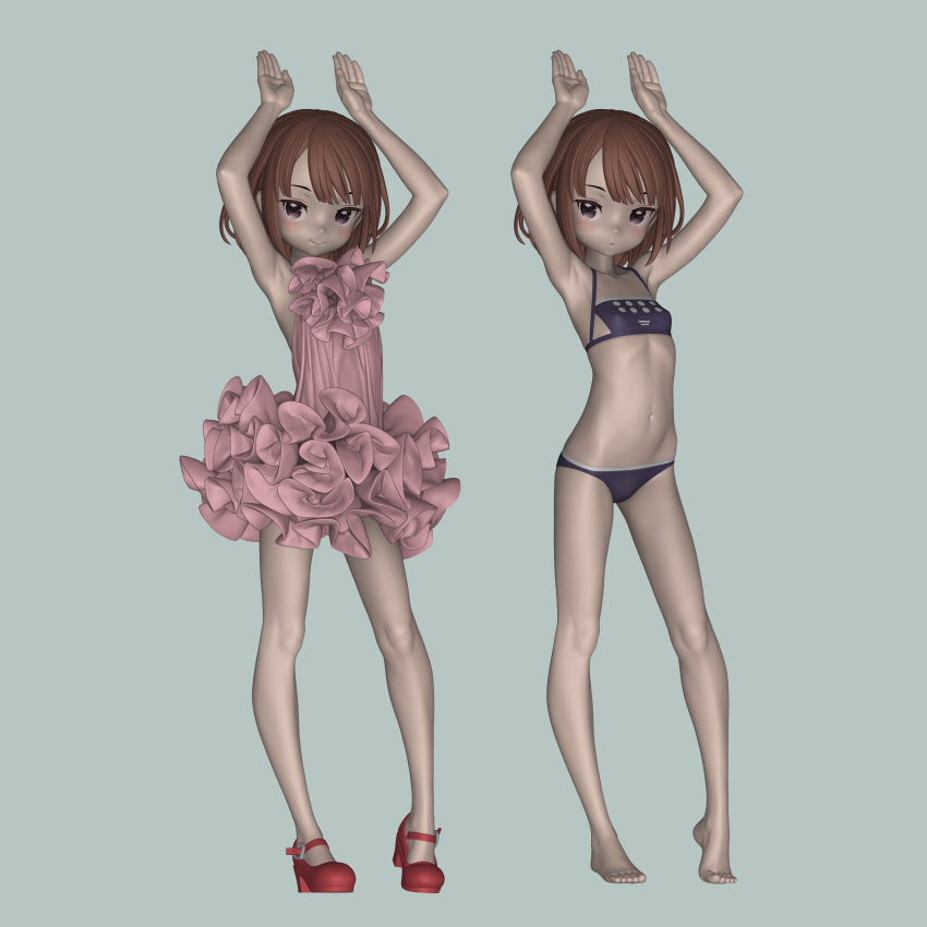 1girl 3d :o absurdres armpits arms_up asymmetrical_bangs bare_legs bare_shoulders barefoot bikini black_bikini blush brown_eyes brown_hair commentary_request dress flat_chest frilled_dress frills full_body halterneck high_heels highres knees kuroboshi_kouhaku llenn_(sao) looking_at_viewer multiple_views navel pink_dress rabbit_pose red_footwear sayori_(neko_works) short_hair simple_background sleeveless sleeveless_dress smile standing stomach swimsuit sword_art_online sword_art_online_alternative:_gun_gale_online toes transparent_background