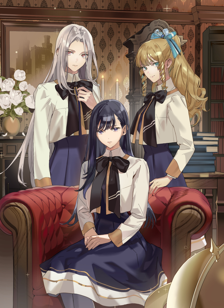 3girls akuyaku_reijou_tachi_wa_yuruganai armchair black_bow black_bowtie black_hair blonde_hair blue_bow blue_dress blue_eyes book book_stack bookshelf bow bowtie candle chair choppy_bangs clock closed_mouth collared_shirt cropped_jacket curly_hair dress drill_hair drill_sidelocks expressionless feet_out_of_frame flower globe grandfather_clock grey_hair grey_pantyhose hair_behind_ear hair_bow hand_on_own_chest haruno_taku high_ponytail highres indoors jacket lips long_hair long_sleeves looking_at_viewer looking_to_the_side medium_dress multiple_girls official_art own_hands_together pantyhose parted_bangs petals photo_(object) picture_frame red_eyes rose shirt sidelocks sitting sparkle standing straight_hair table uniform wallpaper_(object) white_flower white_jacket white_rose white_shirt