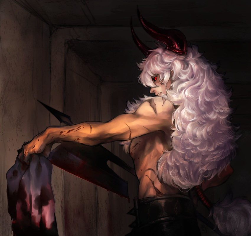 1boy asterios_(fate) axe battle_axe black_sclera blood blood_on_chest blood_on_clothes blood_on_hands brown_background colored_sclera dark dark-skinned_male dark_background dark_skin fate/grand_order fate_(series) harukazu highres holding holding_polearm holding_weapon horns indoors long_hair looking_at_viewer looking_back male_focus parted_lips polearm red_eyes red_horns scar scar_on_arm scar_on_back scar_on_shoulder solo standing toned toned_male topless_male upper_body wavy_hair weapon white_hair
