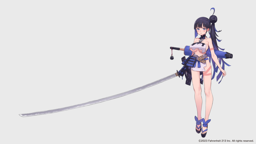 1girl armor bare_shoulders black_hair blue_eyes blue_hair breasts full_body hair_bun highres holding holding_sword holding_weapon japanese_armor katana kuroboshi_kouhaku kusazuri large_breasts long_hair multicolored_hair no_socks official_art oil-paper_umbrella okobo parted_lips sandals side_ponytail sideboob single_hair_bun solo sword torn_clothes tsurugihime two-tone_hair umbrella underboob weapon