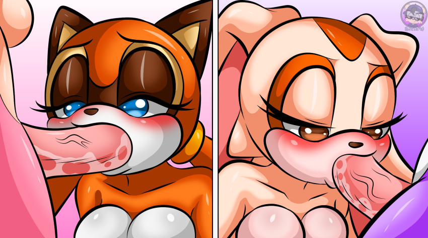 aged_up amy_rose anthro blaze_the_cat blue_eyes bodily_fluids breasts brown_eyes cream_the_rabbit eulipotyphlan eyeshadow felid feline fellatio female female/female fur genitals group hair half-closed_eyes hedgehog hi_res intersex intersex/female lagomorph leporid looking_pleasured makeup mammal marine_the_raccoon multicolored_body multicolored_fur narrowed_eyes oral oral_penetration orange_body orange_fur penetration penile penis pink_body pink_fur pink_penis procyonid purple_body purple_fur rabbit raccoon saliva saliva_on_penis sega sex sirjzau sonic_the_hedgehog_(series) tan_body tan_fur