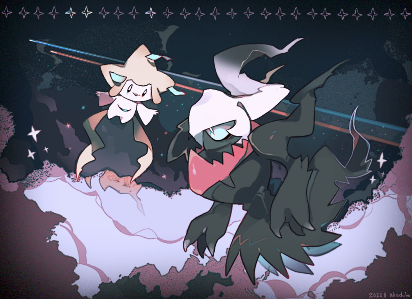 2others :3 above_clouds akadako artist_name bags_under_eyes black_eyes black_sclera black_skin blue_eyes blue_sclera cloud colored_sclera colored_skin commentary darkrai dated eye_contact floating full_body happy jirachi latias latios light_trail long_hair looking_at_another multiple_others night open_mouth other_focus outdoors pokemon pokemon_(creature) signature smile sparkle star_(symbol) third_eye white_eyes white_hair white_skin