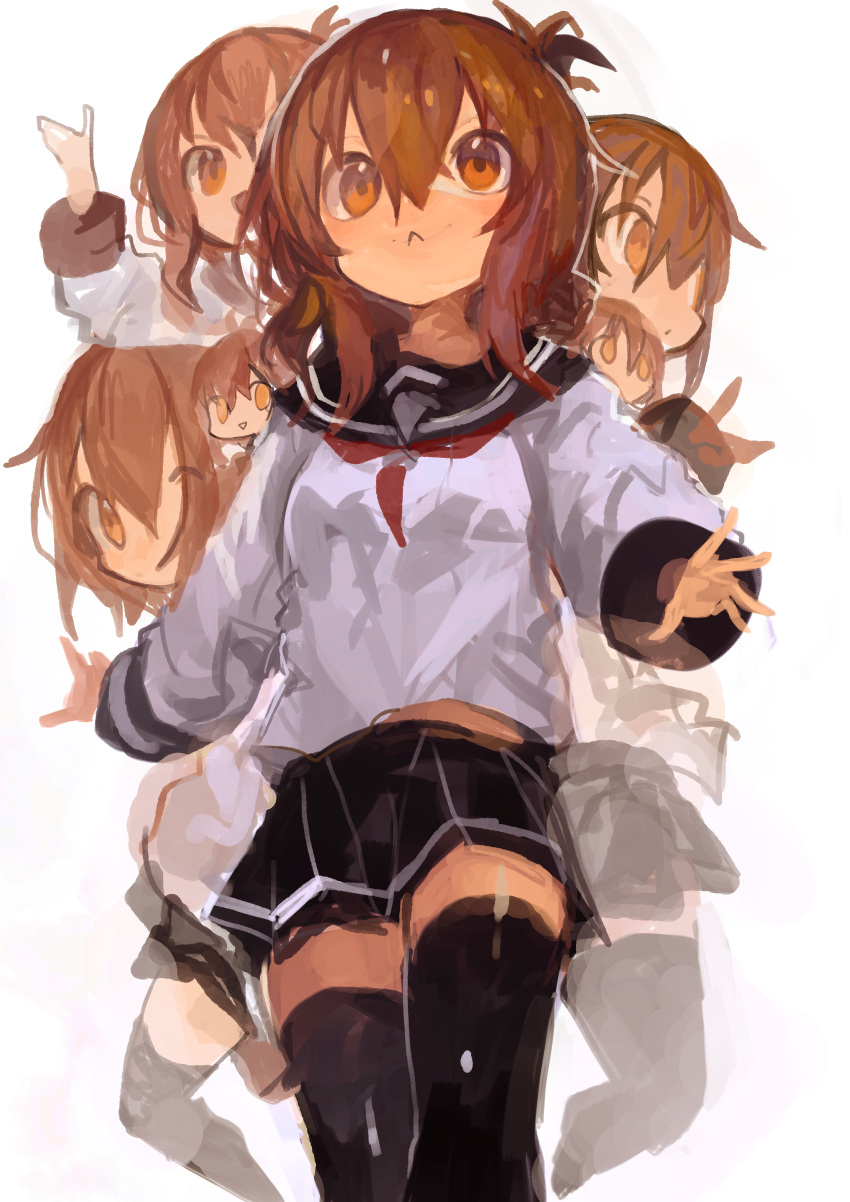 6+girls absurdres black_sailor_collar black_skirt black_thighhighs brown_eyes brown_hair closed_mouth folded_ponytail highres inazuma_(kancolle) kaamin_(mariarose753) kantai_collection long_hair long_sleeves multiple_girls multiple_persona neckerchief open_mouth pleated_skirt red_neckerchief sailor_collar school_uniform serafuku simple_background skirt thighhighs white_background