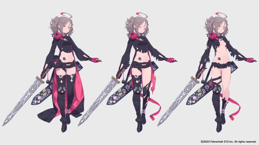 1girl absurdres ahoge asymmetrical_legwear belt blush boots breasts brown_eyes cape closed_eyes crop_top full_body gloves gradient_hair grey_hair highres holding holding_sword holding_weapon huge_ahoge kuroboshi_kouhaku medium_hair mole mole_on_thigh mole_under_mouth multicolored_hair multiple_views navel official_art pink_hair sheath short_shorts shorts shrug_(clothing) simple_background small_breasts stomach_tattoo sword tachi-e tattoo thighhighs torn_clothes tsurugihime twintails two-tone_gloves two-tone_hair weapon wince