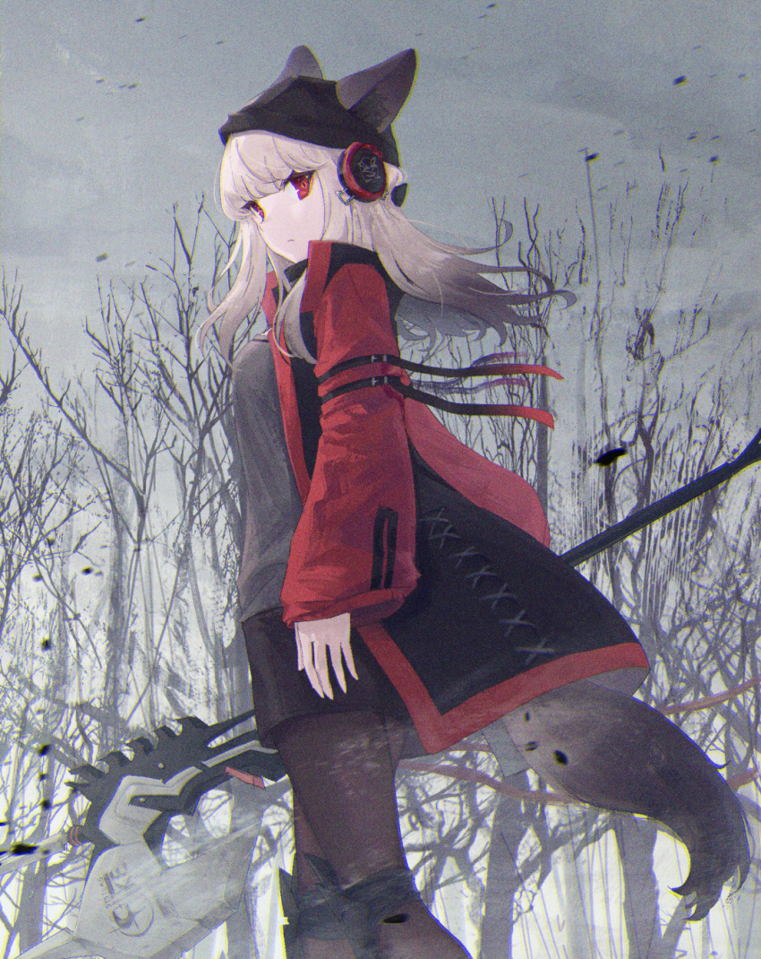 1girl animal_ears arknights bare_tree beanie black_headwear black_pantyhose black_skirt ears_through_headwear feet_out_of_frame fox_ears fox_girl fox_tail from_side frostleaf_(arknights) grey_hair grey_shirt grey_sky hat headphones highres holding holding_polearm holding_weapon implied_extra_ears jacket knee_pads long_hair long_sleeves looking_at_viewer outdoors overcast pantyhose polearm red_eyes red_jacket shirt skirt sky solo standing tail tree weapon zeroarchive00