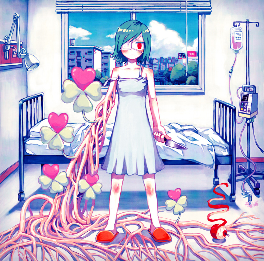 1girl apple aremoyou bed blood blood_bag cityscape clover dress eyepatch food four-leaf_clover fruit green_hair guro highres hospital hospital_bed indoors iv_stand lala_(watashi_no_koko) lamp pastel_colors red_eyes red_footwear roots short_hair solo vignetting watashi_no_koko white_dress