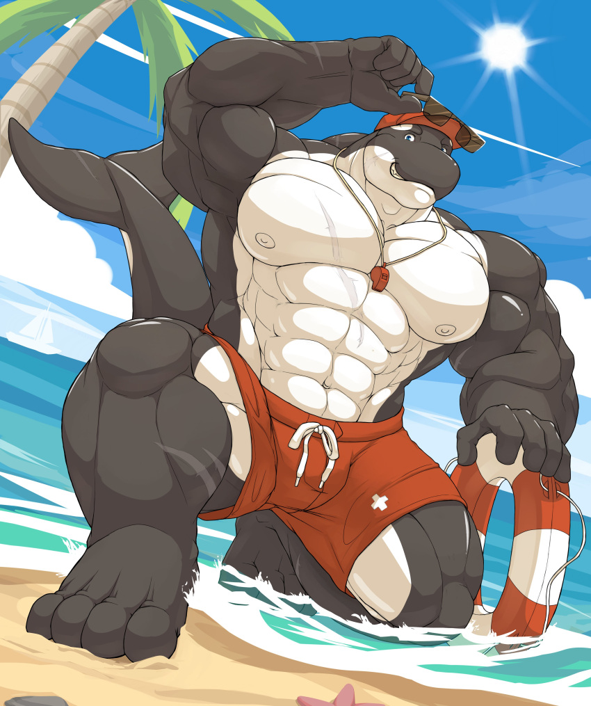 abs absurd_res anthro athletic baseball_cap beach biceps big_biceps big_body big_muscles big_pecs black_and_white_body black_body black_skin blue_eyes bottomwear caudal_fin cetacean cinna-tree clothed clothing day dolphin eyewear feet fin glasses hat headgear headwear hi_res huge_muscles inflatable inner_tube jewelry kneeling lifeguard lifeguard_swimsuit light looking_at_viewer male mammal marine muscular muscular_anthro muscular_legs muscular_male necklace nipples oceanic_dolphin orca outside palm_tree pecs plant plus_sign sand scar seaside serratus shorts sky smile solo sunglasses sunlight swimming_trunks swimwear tail teeth toothed_whale topless tree triceps underarm water whistle white_body white_skin