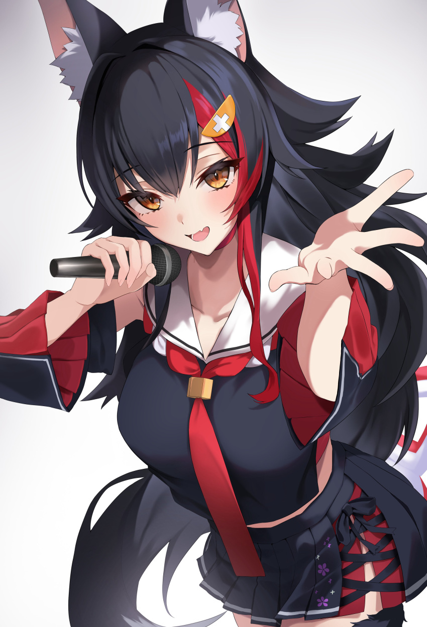 1girl absurdres animal_ear_fluff animal_ears argule0901 black_hair detached_sleeves fang hair_between_eyes hair_ornament hairpin highres holding holding_microphone hololive long_hair looking_at_viewer microphone multicolored_hair music necktie ookami_mio ookami_mio_(1st_costume) open_mouth red_hair red_necktie singing skin_fang skirt solo streaked_hair tail tail_around_own_leg tail_wrap virtual_youtuber white_background wolf_ears wolf_girl wolf_tail yellow_eyes