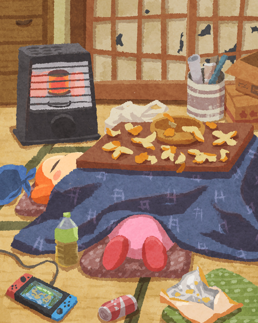 bottle bowl can chips_(food) closed_eyes cushion drink_can food fruit handheld_game_console heater highres kirby kirby_(series) kotatsu mandarin_orange miclot nintendo_switch no_humans orange_peel potato_chips sleeping soda_can table under_kotatsu under_table waddle_dee