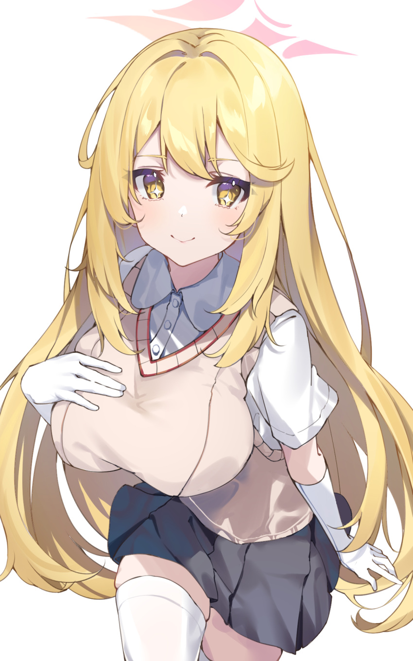 1girl blonde_hair blue_archive breasts brown_sweater_vest buttons closed_mouth collared_shirt elbow_gloves gloves grey_skirt halo hand_on_own_chest highres large_breasts long_hair looking_at_viewer miniskirt no_emblem pien_(usagi_suki) pink_halo pleated_skirt school_uniform shirt shokuhou_misaki short_sleeves skirt smile solo star-shaped_pupils star_(symbol) star_halo summer_uniform sweater_vest symbol-shaped_pupils thighhighs toaru_kagaku_no_railgun toaru_majutsu_no_index tokiwadai_school_uniform very_long_hair white_background white_gloves white_shirt white_thighhighs yellow_eyes