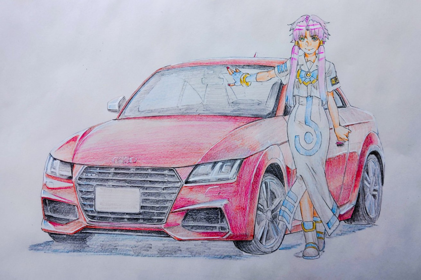 1girl aria_(manga) audi audi_tt blue_bow blue_bowtie blue_gloves blush bow bowtie car closed_mouth cwind dress eyelashes fingerless_gloves full_body gloves gold_trim heel_up impossible_clothes impossible_dress looking_at_viewer mizunashi_akari motor_vehicle parted_bangs pink_hair print_dress red_car sailor_collar short_hair_with_long_locks short_sleeves single_glove sketch smile solo sports_car traditional_media vehicle_focus white_dress white_footwear