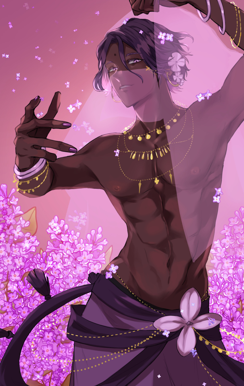 1boy absurdres arabian_clothes colored_eyelashes commentary cookie_run dark-skinned_male dark_skin flower hair_flower hair_ornament highres humanization jewelry lilac_cookie looking_at_viewer male_focus nail_polish necklace nekoyasiki33 personification petals purple_eyes purple_hair short_hair solo topless_male