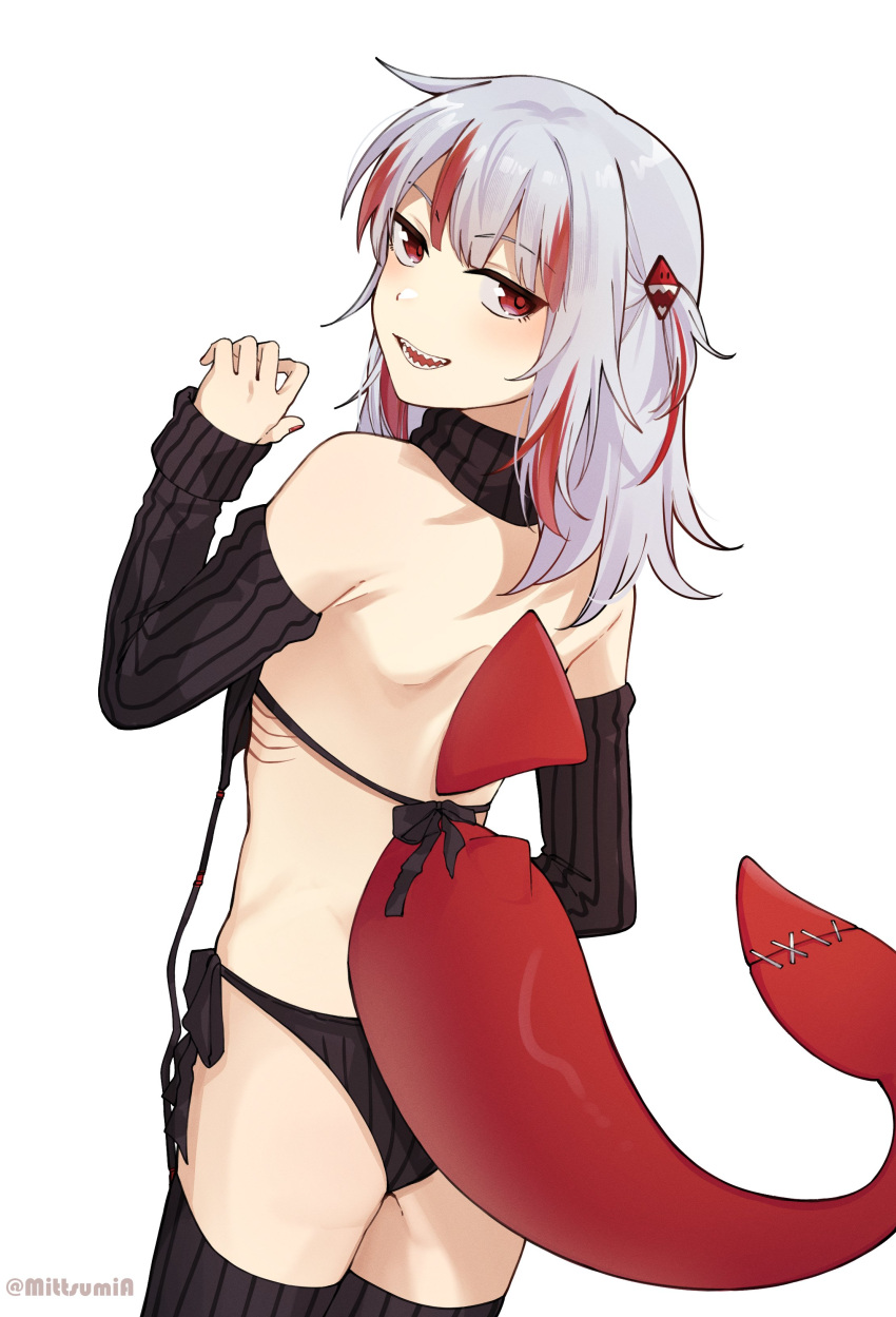 absurdres back bare_shoulders black_panties black_sweater black_thighhighs detached_sleeves english_commentary fins fish_tail gawr_gura gills grey_hair hair_ornament highres hololive hololive_english long_hair looking_at_viewer meme_attire mittsu multicolored_hair open_mouth panties red_eyes red_hair reflect_(gawr_gura) shark_girl shark_tail sharp_teeth simple_background sleeveless sleeveless_sweater smile streaked_hair sweater tail teeth thighhighs turtleneck turtleneck_sweater twitter_username underwear virgin_destroyer_sweater virtual_youtuber white_background