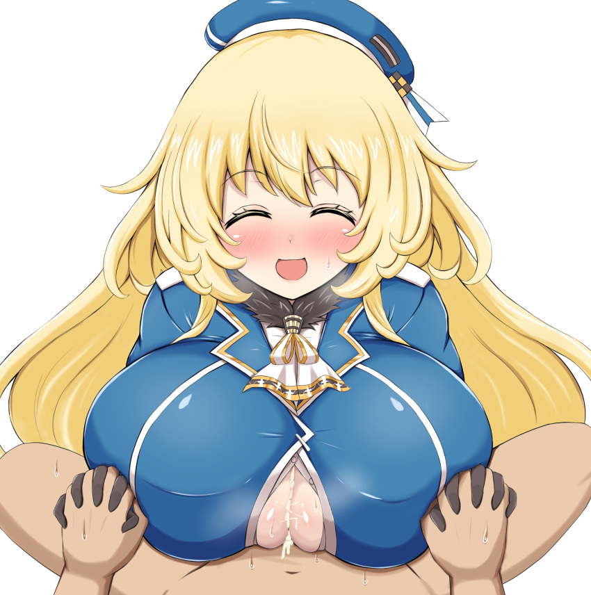 1boy 1girl ascot atago_(kancolle) beret black_gloves blonde_hair blue_headwear blush breasts closed_eyes cum cum_on_body cum_on_breasts gloves hat highres holding_hands kantai_collection kyu_horn large_breasts long_hair military_uniform open_mouth paizuri paizuri_under_clothes pov solo_focus textless_version uniform
