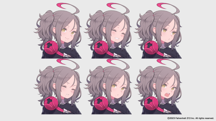 1girl ahoge angry black_coat closed_eyes coat cropped_shoulders expressions grey_background grey_hair kuroboshi_kouhaku looking_at_viewer looking_to_the_side medium_hair mole mole_under_eye multicolored_hair multiple_views official_art open_mouth pink_hair sad simple_background smile streaked_hair tsurugihime twintails two-tone_hair wince yellow_eyes