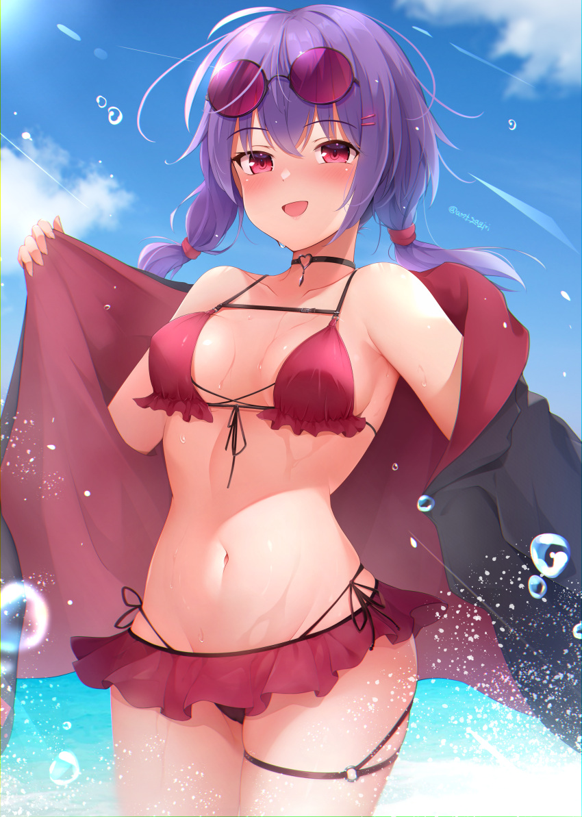 1girl absurdres belt bikini black_bikini_bottom black_choker blue_sky blush breasts choker clothes_down cloud commentary_request crowned-tapioka frilled_bikini frills hair_ornament hair_tie hairpin heart_o-ring heart_ring_choker highleg highleg_bikini highres jacket lone_nape_hair low_twintails medium_breasts navel o-ring o-ring_thigh_strap open_clothes open_jacket open_mouth purple_hair red_bikini red_eyes shadow side-tie_bikini_bottom signature skindentation sky solo sun_glare sunglasses sunlight sweat swimsuit thigh_strap thighs twintails voiceroid water_drop yuzuki_yukari