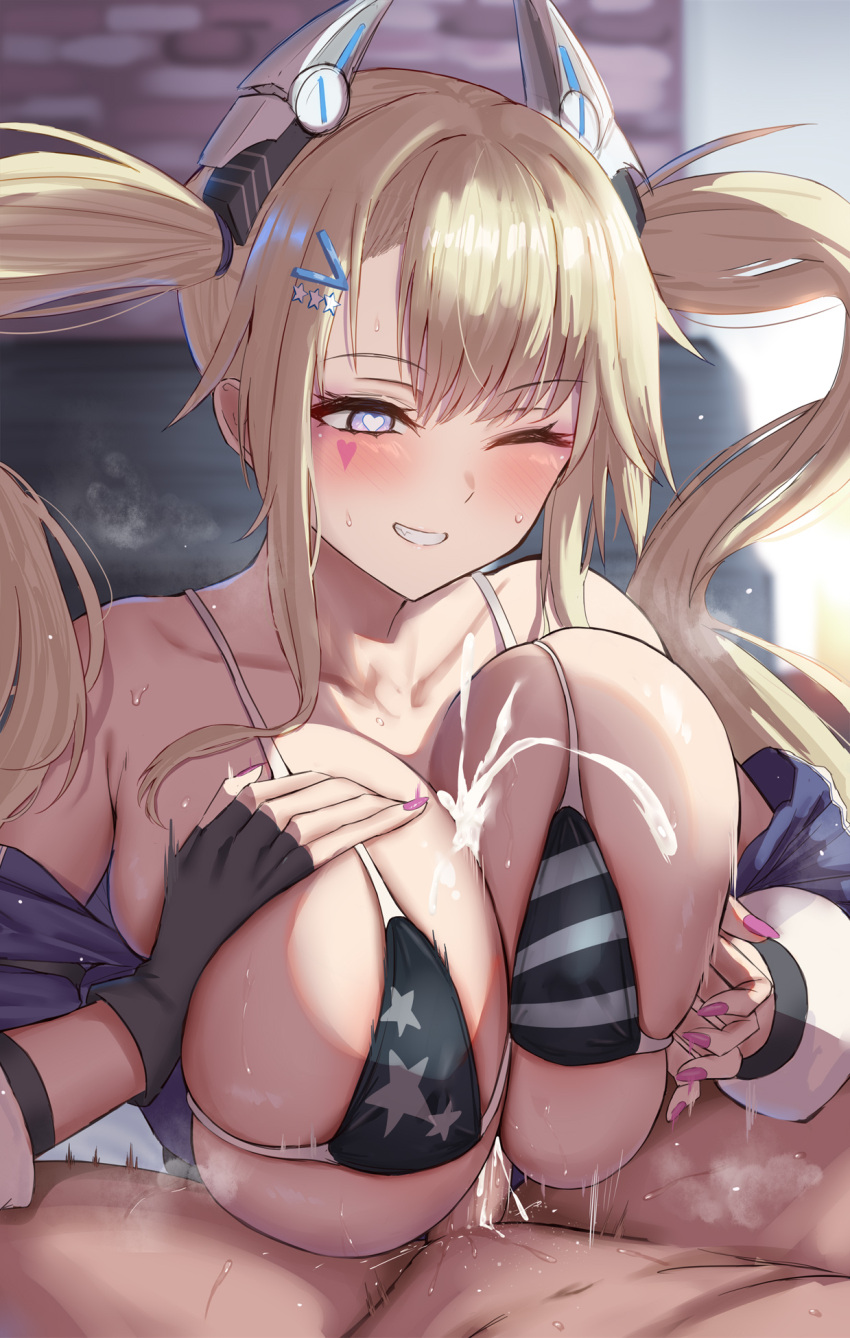 1boy 1girl azur_lane bikini black_bikini black_gloves blonde_hair blush breasts breasts_squeezed_together collarbone cum ejaculation fingerless_gloves gloves guam_(azur_lane) hair_ornament hairclip heart heart-shaped_pupils highres long_hair long_sleeves nail_polish one_eye_closed paizuri parted_lips penis pink_nails purple_eyes satou_aji smile solo_focus star_(symbol) star_hair_ornament star_print swimsuit symbol-shaped_pupils teeth twintails underboob