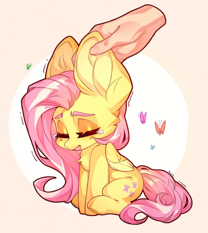 arthropod big_ears blush bodily_fluids butterfly disembodied_hand equid equine eyes_closed fluttershy_(mlp) friendship_is_magic hair hasbro hi_res insect lepidopteran mammal minekoo2 my_little_pony pegasus petting_ear petting_ears pink_hair pink_tail sitting tail tears wings yellow_body