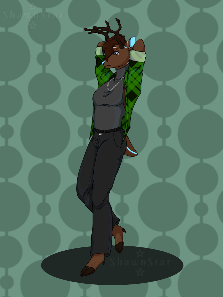 anthro antlers black_clothing blue_eyes blue_nose bottomwear brown_body brown_fur brown_hair chain chain_jewelry chain_necklace clothed clothing deer denim denim_bottomwear denim_clothing digital_media_(artwork) flannel fur green_clothing green_shirt green_topwear grey_clothing grey_topwear hair hi_res hi_ressimple_background hooves horn jeans jewelry male mammal necklace pants shaded shawnstar shirt solo solo_focus sweater tail topwear tuft turtleneck