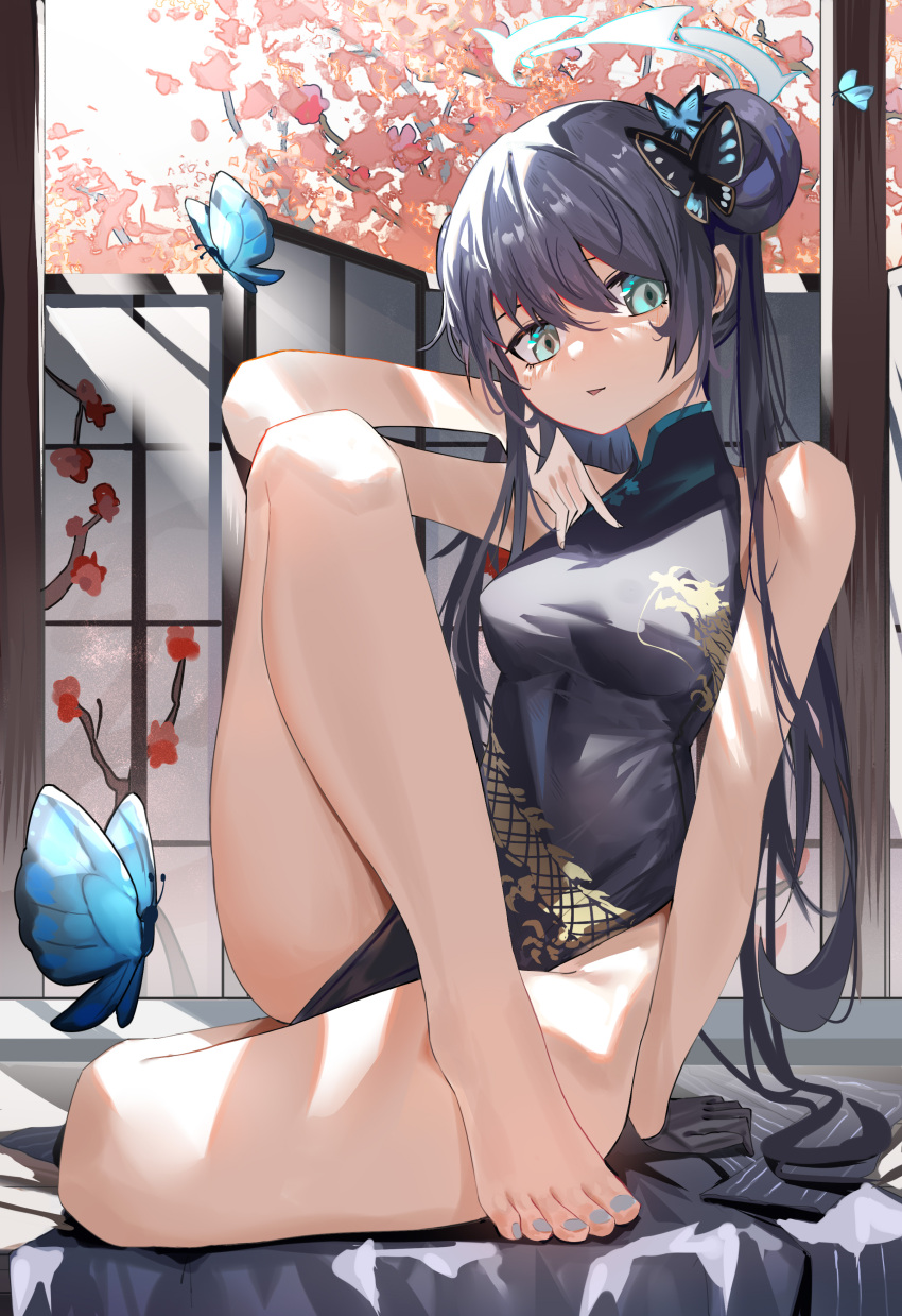 1girl absurdres animal bad_anatomy barefoot black_dress black_gloves black_hair blue_archive breasts bug butterfly butterfly_hair_ornament china_dress chinese_clothes double_bun dragon_print dress feet firecracker_(user_kgxp3553) gloves grey_eyes grey_halo hair_bun hair_ornament halo highres kisaki_(blue_archive) knee_up legs long_hair nail_polish open_mouth sleeveless sleeveless_dress small_breasts solo toenail_polish toenails toes twintails