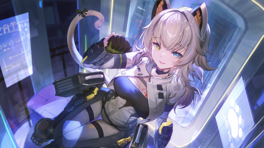 1girl absurdres animal_ears bison_cangshu blue_eyes bow breasts cat_ears cat_tail character_request fake_animal_ears girls'_frontline_2:_exilium gloves heterochromia highres looking_at_viewer solo tail tail_bow tail_ornament white_hair yellow_eyes