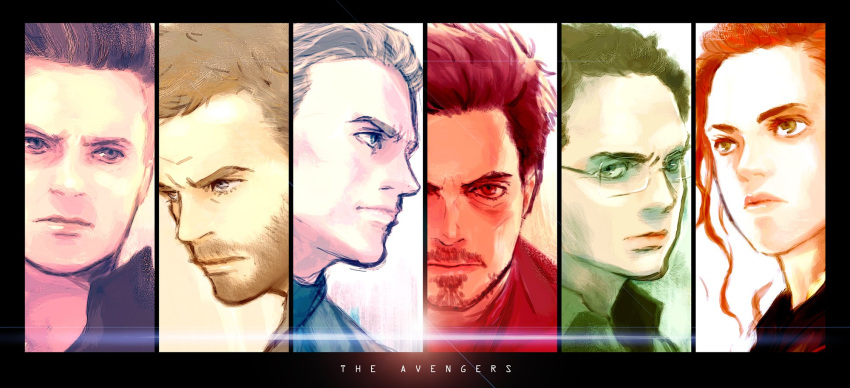 1girl 5boys armor avengers:_endgame avengers_(series) beard black_bodysuit black_border black_hair black_shirt black_widow blonde_hair blue_bodysuit blue_eyes bodysuit border brown_eyes brown_hair bruce_banner captain_america clint_barton closed_mouth collared_shirt copyright_name facial_hair full_armor glasses green_eyes green_shirt hawkeye_(marvel) highres iron_man looking_at_viewer looking_to_the_side marvel marvel_cinematic_universe mochishio multiple_boys natasha_romanoff power_armor red_armor red_hair shirt short_hair simple_background steve_rogers superhero thor_(marvel) tony_stark v-shaped_eyebrows white_background