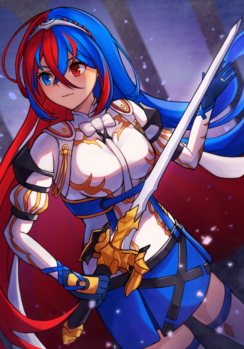 1girl 20060715 absurdres alear_(female)_(fire_emblem) alear_(fire_emblem) armor blue_eyes blue_hair closed_mouth commentary cowboy_shot fire_emblem fire_emblem_engage heterochromia highres holding holding_sword holding_weapon jewelry long_hair multicolored_hair red_eyes red_hair ring solo sword two-tone_hair weapon