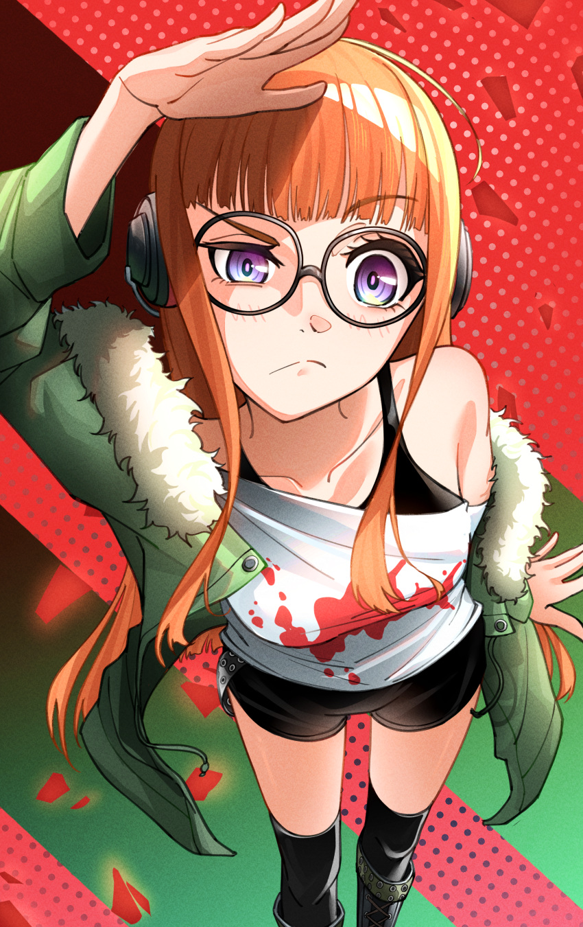 1girl absurdres ahoge arm_up behind-the-head_headphones black_shorts black_tank_top black_thighhighs blunt_bangs blush breasts closed_mouth collarbone esuke9 frown fur-trimmed_jacket fur_trim glasses green_jacket headphones highres jacket long_hair looking_at_viewer off-shoulder_shirt off_shoulder orange_hair persona persona_5 purple_eyes raised_eyebrow round_eyewear sakura_futaba shirt short_shorts shorts small_breasts solo tank_top thighhighs thighs very_long_hair