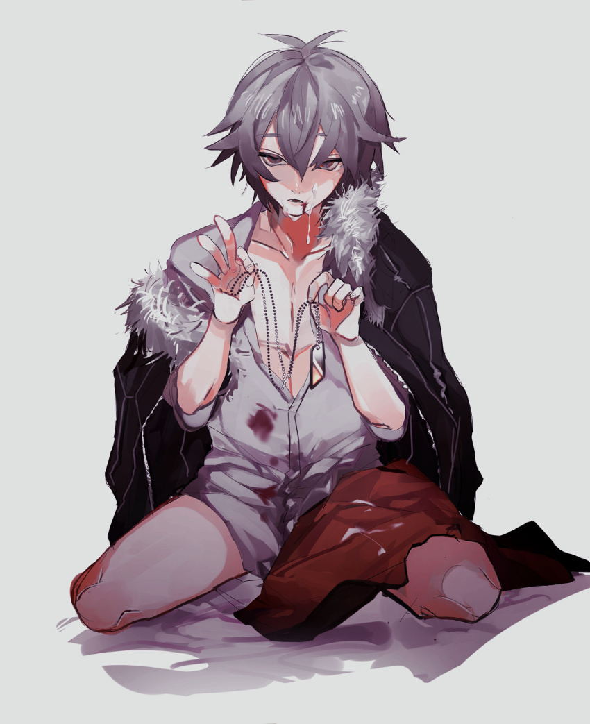 1boy akira_(togainu_no_chi) blood blood_on_clothes blood_on_face bottomless cum cum_on_clothes empty_eyes facial full_body fur-trimmed_jacket fur_trim grey_background grey_hair hair_between_eyes highres holding holding_jewelry holding_necklace jacket jacket_on_shoulders jewelry kneeling looking_at_viewer male_focus necklace open_clothes open_shirt parted_lips sakiha shadow shirt short_hair simple_background solo spread_legs togainu_no_chi white_shirt