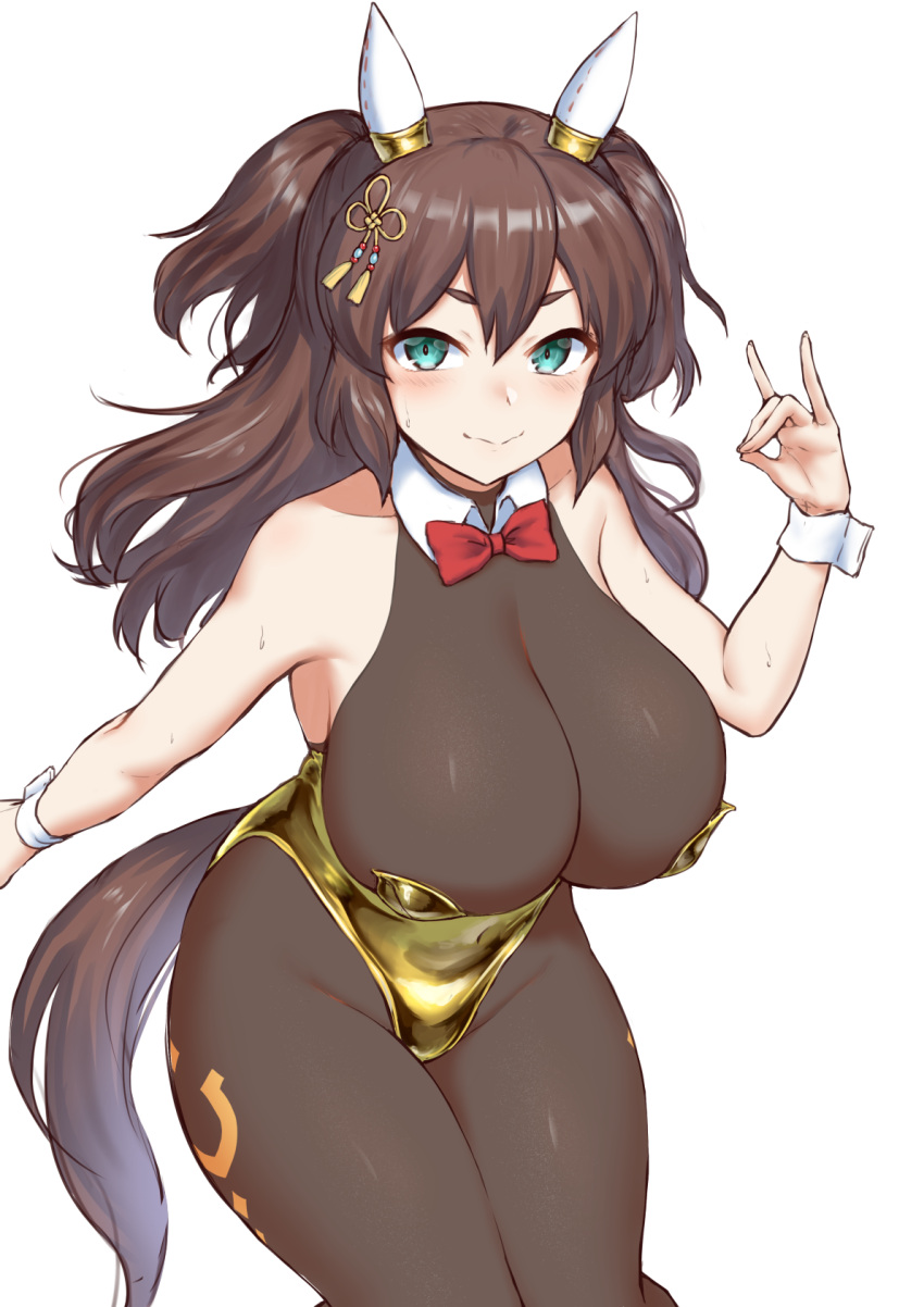 1girl animal_ears black_bodysuit blush bodysuit bow bowtie breasts brown_hair cleavage closed_mouth commentary_request detached_collar ear_covers embarrassed fox_shadow_puppet gold_leotard green_eyes groin hair_between_eyes hair_ornament highres horse_ears horse_girl horse_tail huge_breasts inari_one_(fields_of_gold)_(umamusume) inari_one_(umamusume) large_breasts leotard long_hair looking_at_viewer nontraditional_playboy_bunny official_alternate_hairstyle red_bow red_bowtie smile solo strapless strapless_leotard tail two_side_up umamusume wrist_cuffs yellow_leotard yuugatou_(yuuzutu)